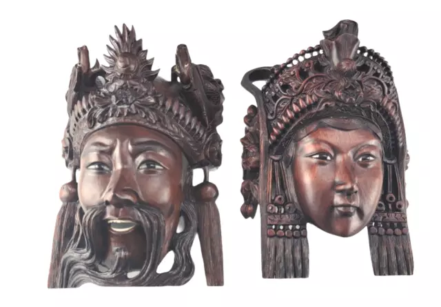 Antique Chinese Emperor Dragon Museum Quality Carved Wood Masks Inlay Dark wood