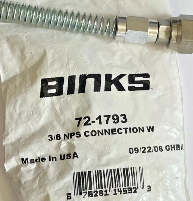 BINKS HOSE CONNECTION 72-1793 s.s. 3/8”nps(f) swivel w/ spring guard 3/16” i.d.