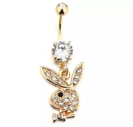 UK bunny rabbit crystal diamanté dangle dangly belly bar pink clear silver gold