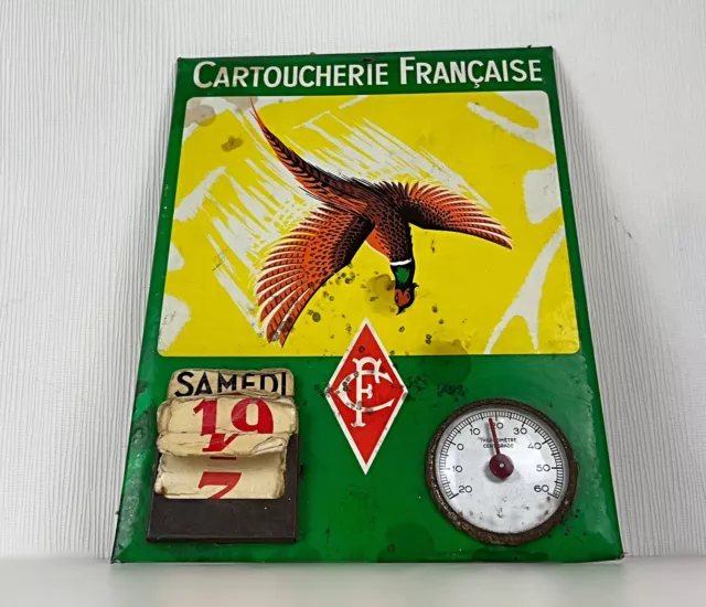 Ancienne publicité glaçoide thermomètre et calendrier" Cartoucherie Française"