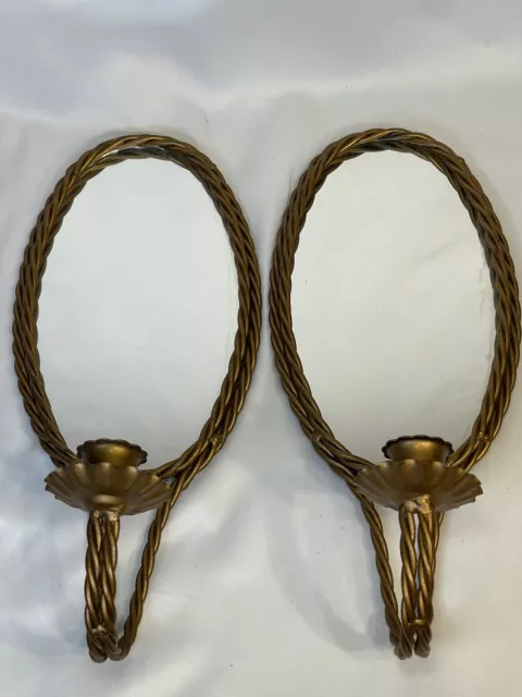 Set of 2 Vintage Brass Candle Wall Sconces Twisted Ornate w/Mirror 13"L x 5.5W