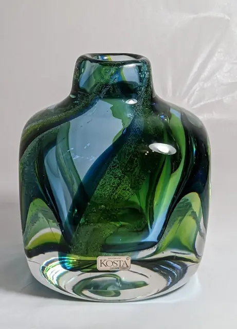 HEAVY Scarce GORAN WARFF Kosta Boda  Square Marbled Green Glass Vase Signed