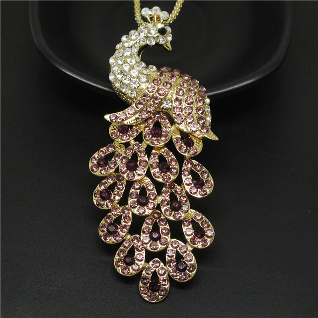 Betsey Johnson Rhinestone Purple Bling Peacock Crystal Pendant Chain Necklace 3