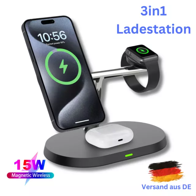 3in1 Wireless 15W Ladegerät Ladestation für Apple iPhone 15 14 13 Watch Air Pods