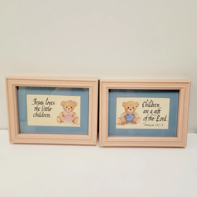 2 Matted Framed Pink Blue Teddy Bear JESUS LOVES THE LITTLE CHILDREN
