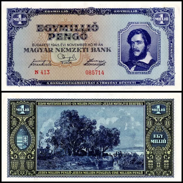 Hungary 1 Million Pengo Banknote, 1945, P-122, UNC  USA SELLER COA