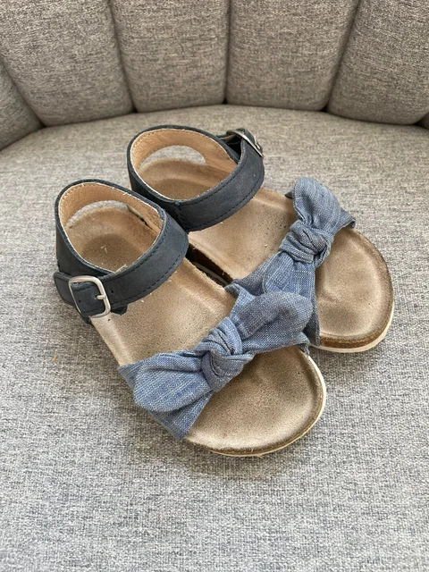 Next girls blue leather canvas cork bow sandal Shoe Size 7 Eur 24 Buckle Fasten