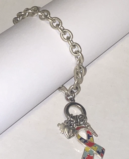 Autism Awareness Puzzle Ribbon Silver Tone Open Link Charm Bracelet