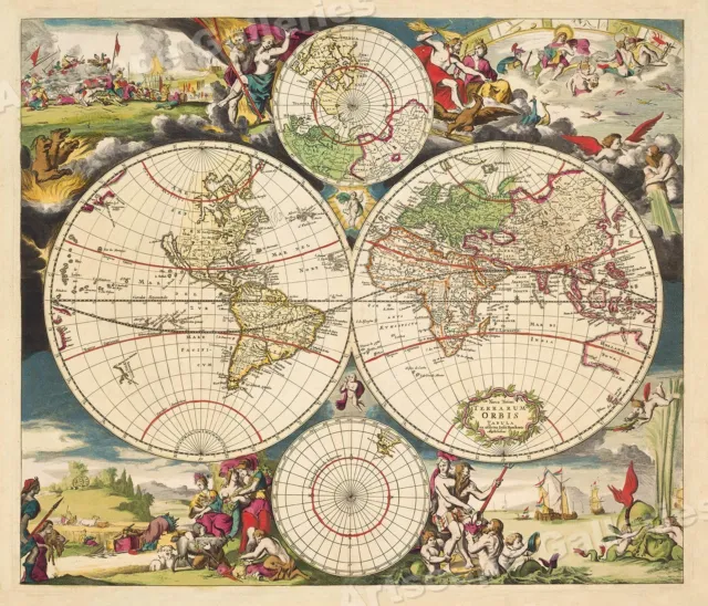 1700s Hemisphere World Map - Vintage Style Old World Map Poster - 16x20