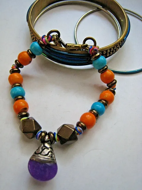 Vanessa Mooney Nepali Bracelet Amethyst Purple Stone Turquoise Orange Logo Charm