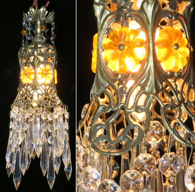 Amber Jeweled Tulip lily filigree swag lamp chandelier Vintage spelter brass