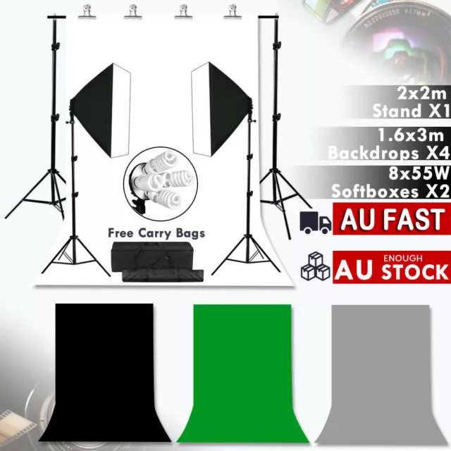 4 Head Studio Softbox Lighting Kit/ Photography Backdrop Stand Kit Green Screen