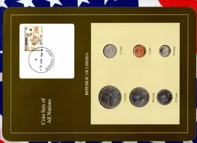 Coin Sets of All Nations Liberia w/card UNC $1,50,25 cents 1968 10,5,1 cent 1984