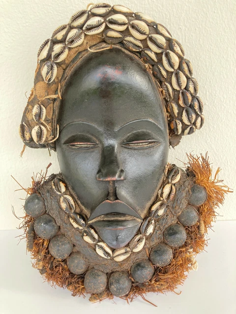 Antique African Mask Dan Tribal Liberia Wood w/Cowrie Shells Wall Art 12"H