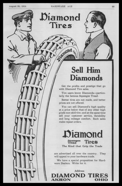 1914 Diamond Tires Akron Ohio Squeegee Tread Tire Vintage Print Ad