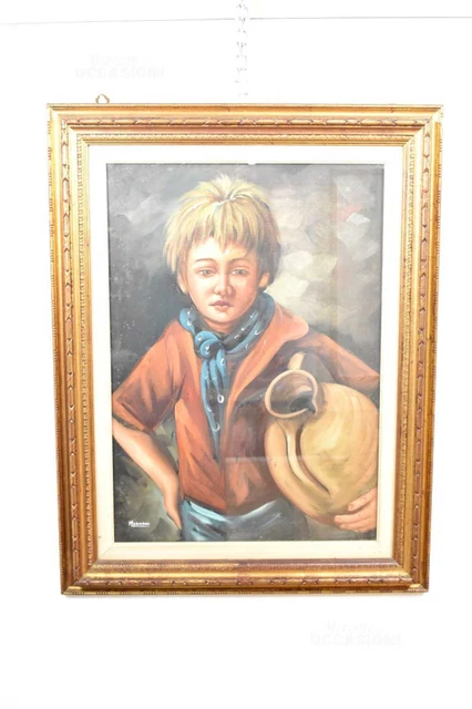 Quadro Dipinto Autore Mugnano Raffigurante Un Bambino Di Campagna 70 X 90 Cm