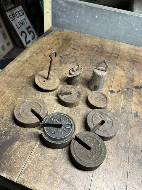 Antique Cast Iron Hanging Counter Balance Weights Scale Mercantile Plates Parts Antique Cast Iron Hanging Counter Balance Weights Scale Mercantile Plates Parts