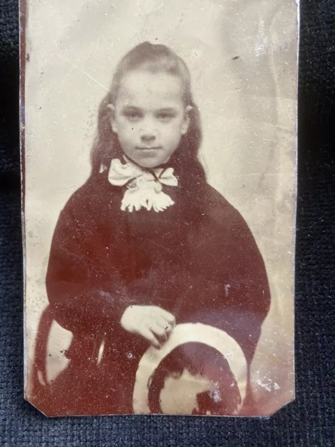 Antique Tintype Tin Type Photo Little Girl Holding Hat Fashion