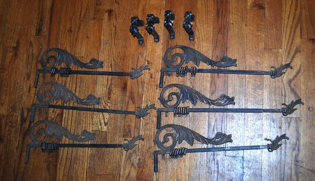 6 Antique Victorian Swing Arm Telescoping Drapery Curtain Rods signed Kirsch