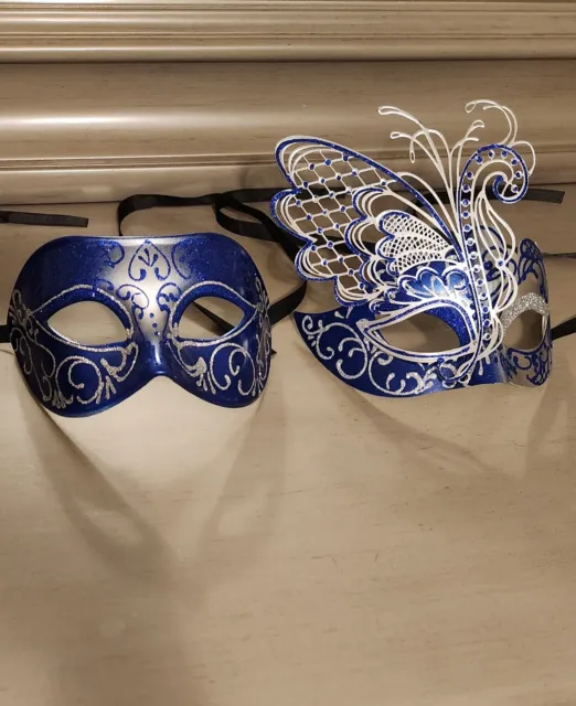 Couple Lot of 2 Masquerade Masks Blue and Silver