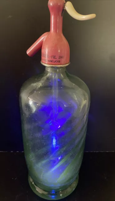 Antique Spain Green Vaseline Glass Seltzer Bottle Soda Siphon Spiral Bubbles