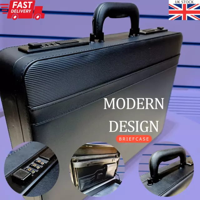 Black BRIEFCASE London Design PU Top Leather Metal lock Laptop Case Business UK