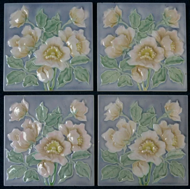 Germany - M O & P F - Antique Art Nouveau Majolica 4 Tile Set  C1900