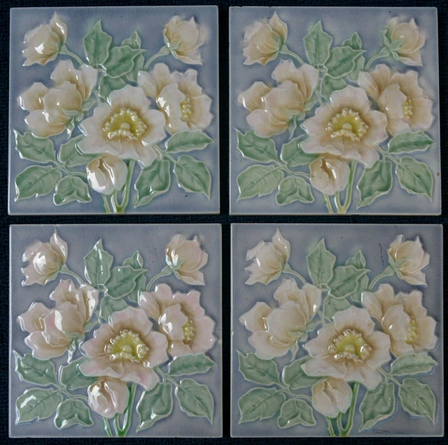 Germany - M O & P F - Antique Art Nouveau Majolica 4 Tile Set  C1900