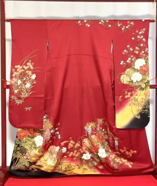 Japanese Kimono “Furisode” Pure Silk/Red/Flower/Japanese tradition/Luxury