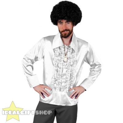 Da Uomo Raso DISCO RUFFLE SHIRT ANNI 1970 70s Fancy Dress Party Costume NUOVO 