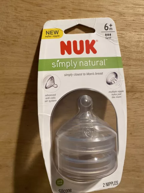 New Nuk Simply Natural 2pk Nipple. 6+M Fast Flow, BPA Free-Anti Colic-multi Hole