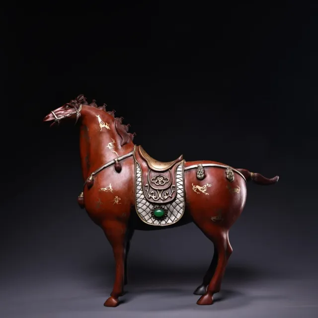 Collection of handmade pure copper inlaid gemstone horse statues