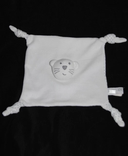 Doudou plat chat blanc BOUT'CHOU MONOPRIX verso étoiles grises ours gris TTBE