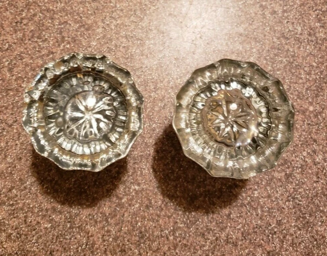 Vintage PAIR 12 Point Crystal Glass Door knob Antique Golden Brass