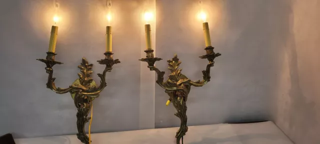 Pair of French Louis XV-style Wall Lamps Bronze Sconces Mid Century Glo-Mar