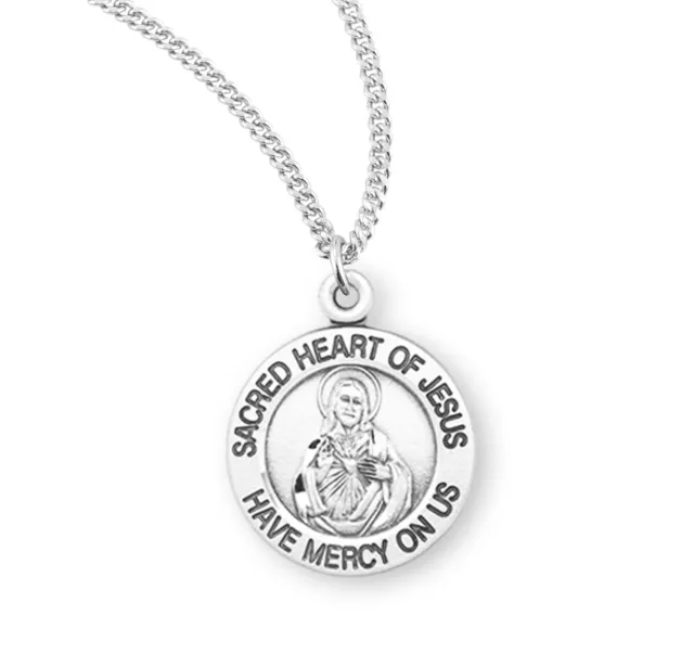 Sterling Silver Engraved Sacred Heart Round Medal Pendant Necklace, 7/10 Inch