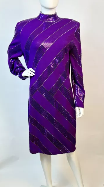 St John Dress Purple Sequin Mock Neck Sweater Party Dress Sz 14 Vintage KC