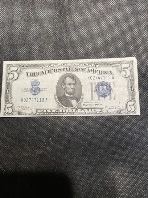 1934-A U.S. Five Dollar Silver Certificate Blue seal K - A Almost Uncirculated