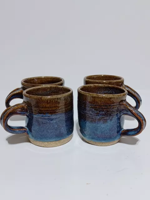 4pc Studio Art Pottery Brown Blue Tan Drip Glazed Coffee Mug Artist Signed ML 96