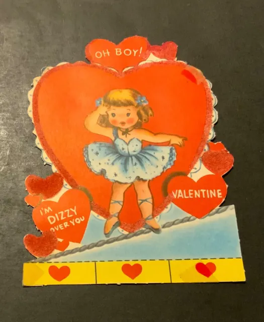 VTG DieCut Valentine Card Pretty Girl Walking Tightrope “I’m Dizzy Over You”