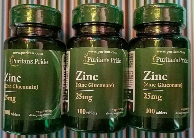 Puritan's Pride Zinc Gluconate 25 mg 3 x 100 Vegetarian Tablet 8/24