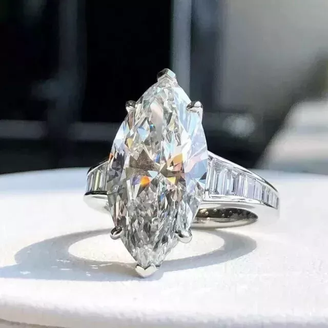 14K WHITE GOLD Plated 5Ct Moissanite Marquise Cut Solitaire Engagement ...