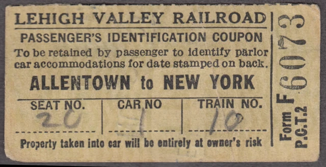 Lehigh Valley Allentown-New York railroad tcket 1957