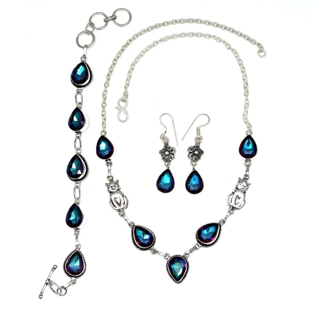 Mystic Topaz Titanium Handmade For friendship Gift Silver Jewelry Set 18-20''