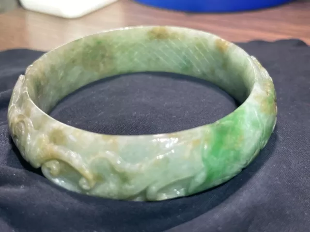 Vintage Chinese White Light Green Jadeite Jade Bangle w. Carvings  Used 3