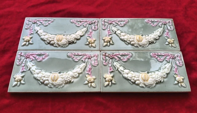 4 Piece Old Art Deco Embossed Design Majolica Ceramic Tiles Japan 0383 2