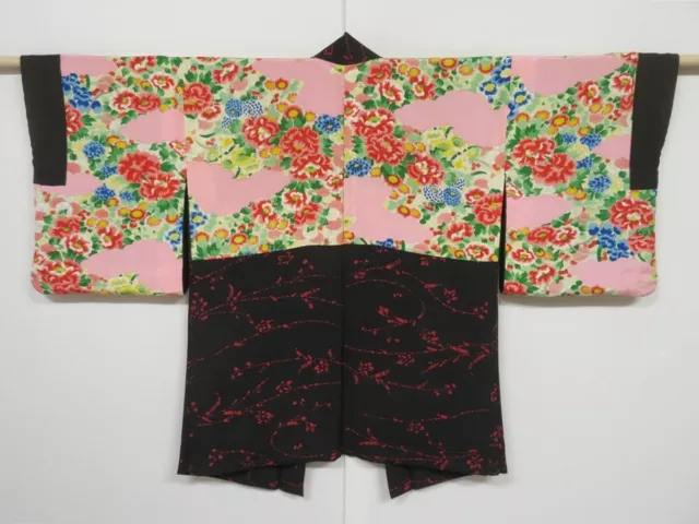 1204N08z630 Vintage Japanese Kimono Silk HAORI Black Flowers