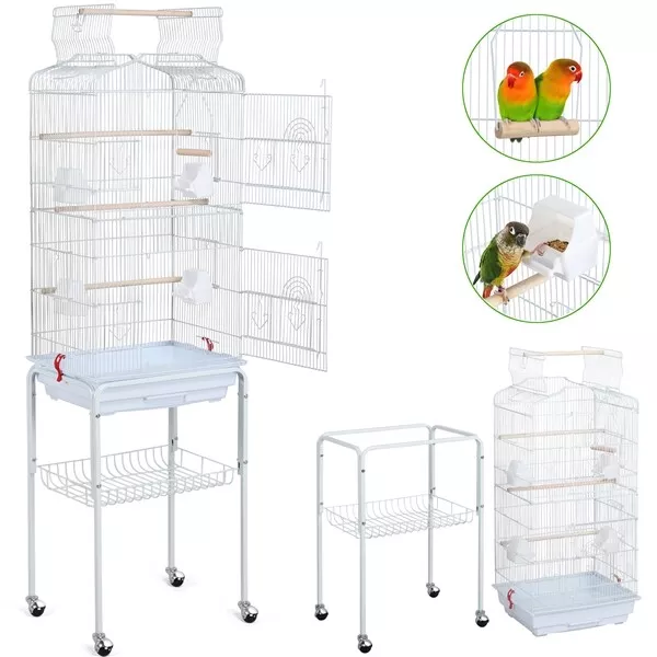 Cage Oiseaux Portable sur Pied Volière Toit Ouvrable avec Support Détachable