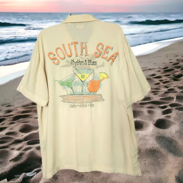 VTG South Sea Rhythm Blues Beach Button Up Shirt MEDIUM Cocktails Tropical Aloha