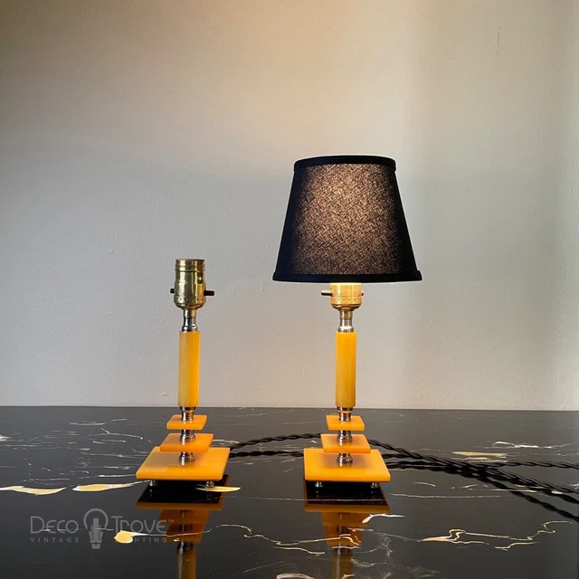 PAIR of Butterscotch Catalin Stacked Geometric Lamps - RESTORED